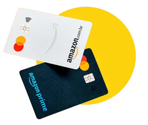 Cartões Amazon e Amazon Prime sobre um círculo amarelo