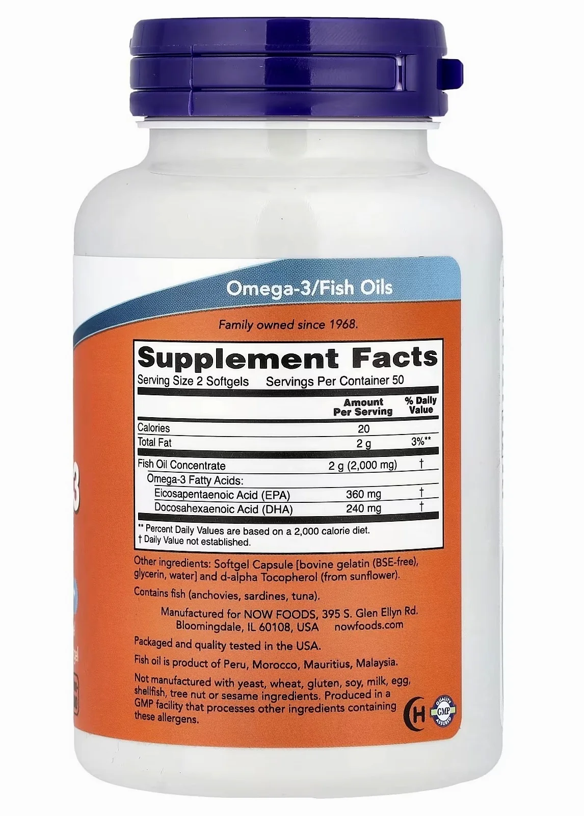 Rótulo do NOW Foods Omega-3: porção de duas cápsulas com 360 mg de EPA e 240 mg de DHA