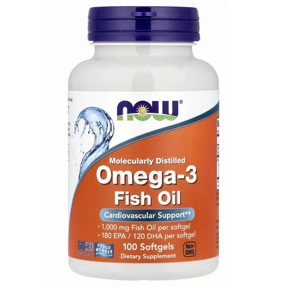 Frasco NOW Foods Omega-3 com 100 softgels, 180 mg de EPA e 120 mg de DHA por cápsula