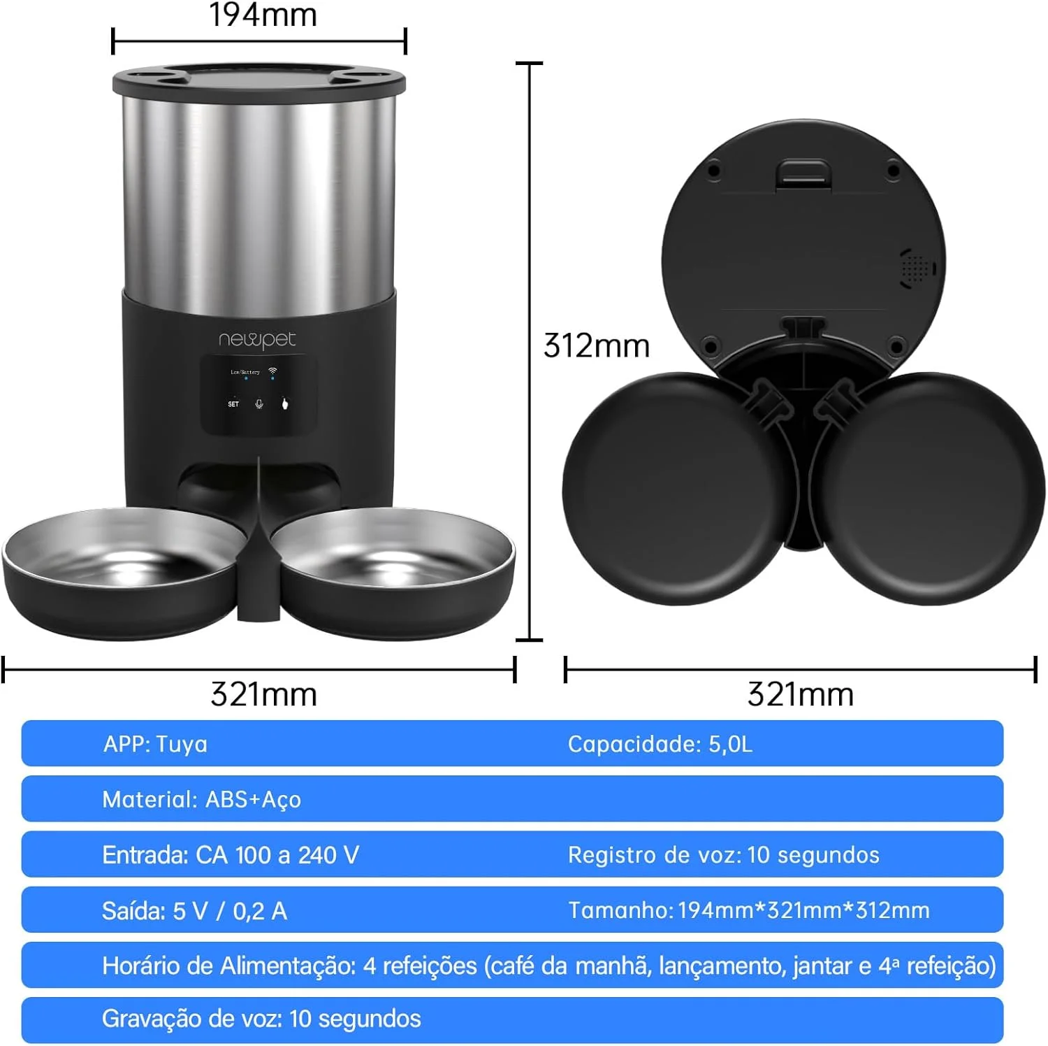 Alimentador automático New Pet 5 L com Wi-Fi para cães e gatos — Foto do produto