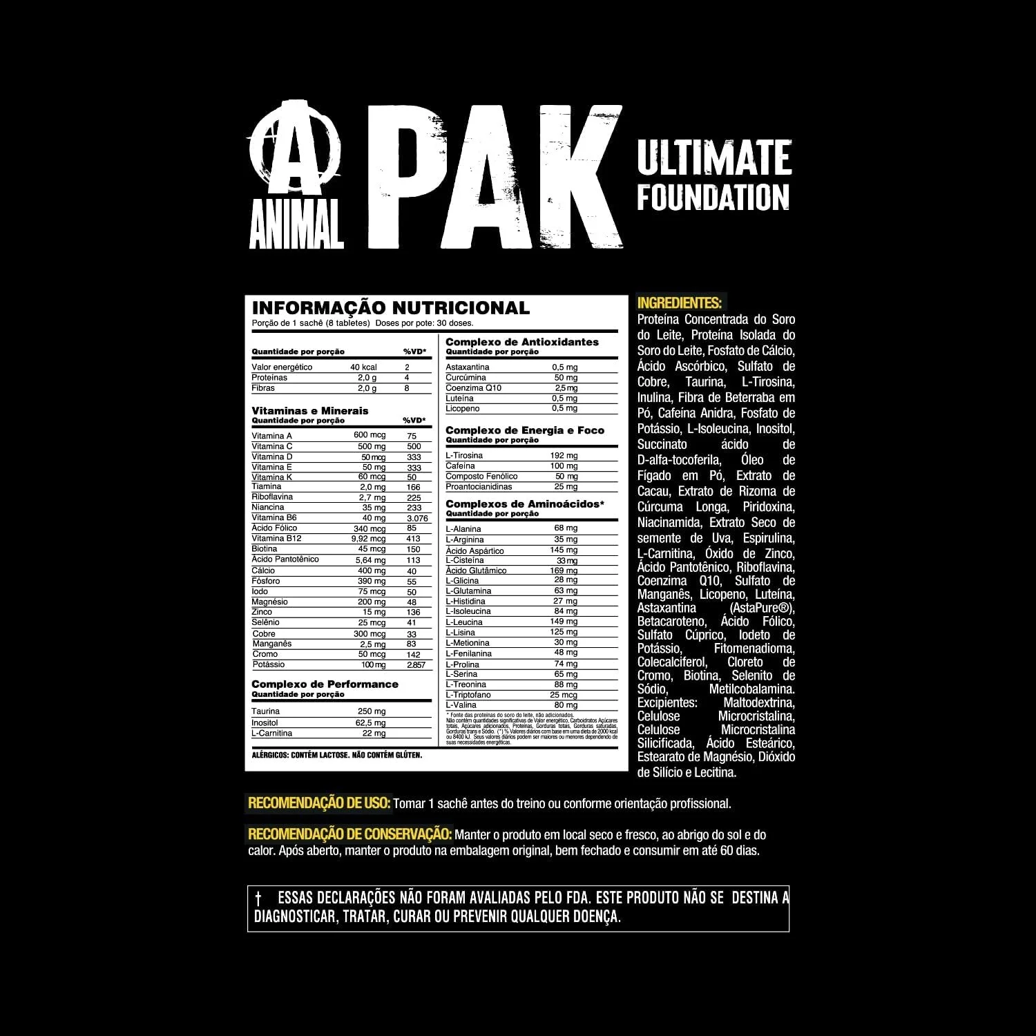 Animal Pak Ultimate Foundation Multivitamínico 30 Packs Universal Nutrition — Foto do produto