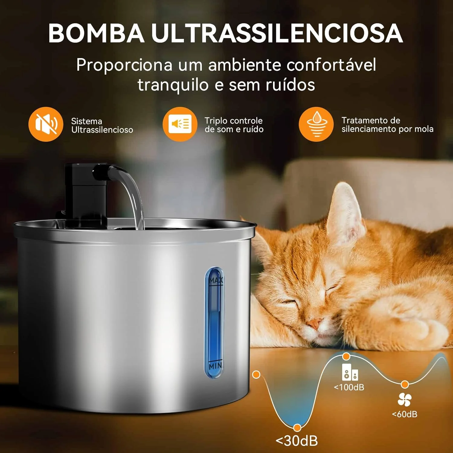 Bebedouro Fonte Agua Newpet Inoxidável Dispenser de 3L com Filtro Torneira e Indicador de Nível de Água Bomba Ultra Silenciosa Bivolt — Foto do produto