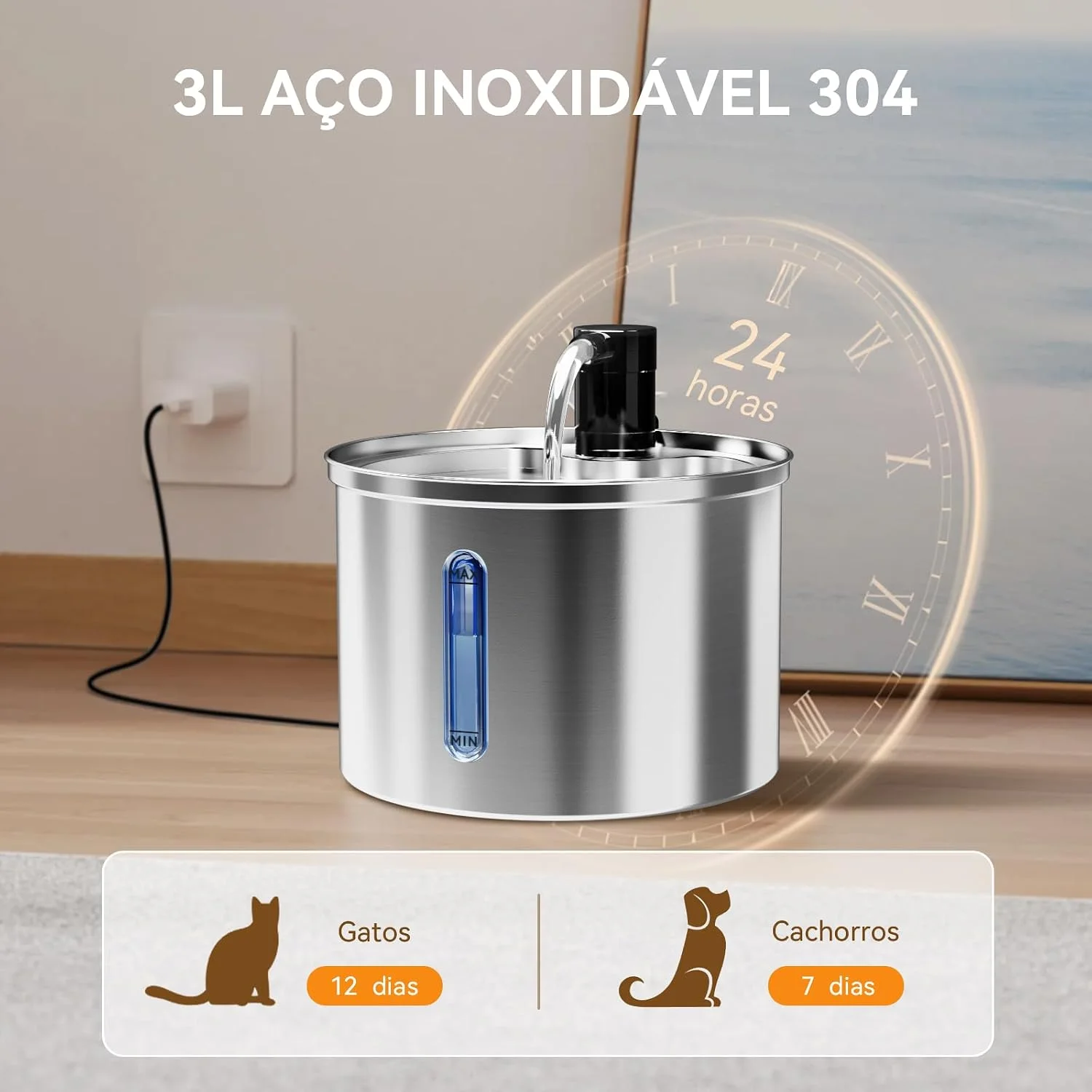 Bebedouro Fonte Agua Newpet Inoxidável Dispenser de 3L com Filtro Torneira e Indicador de Nível de Água Bomba Ultra Silenciosa Bivolt — Foto do produto