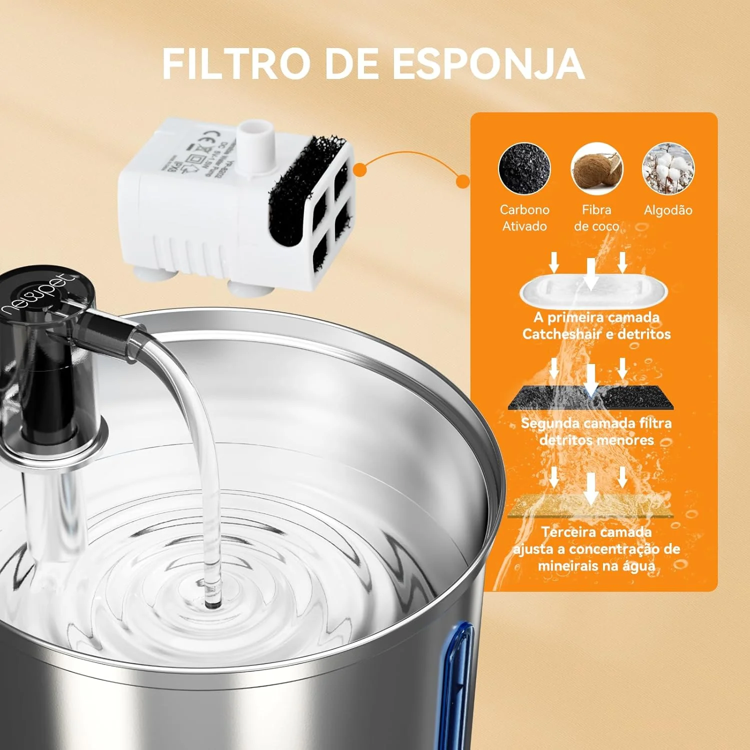 Bebedouro Fonte Agua Newpet Inoxidável Dispenser de 3L com Filtro Torneira e Indicador de Nível de Água Bomba Ultra Silenciosa Bivolt — Foto do produto