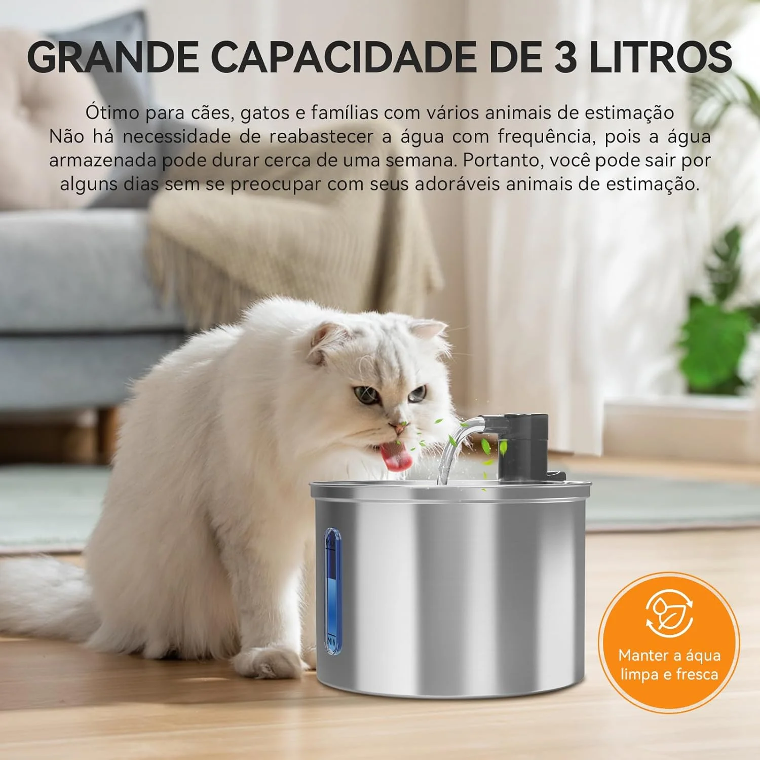 Bebedouro Fonte Agua Newpet Inoxidável Dispenser de 3L com Filtro Torneira e Indicador de Nível de Água Bomba Ultra Silenciosa Bivolt — Foto do produto