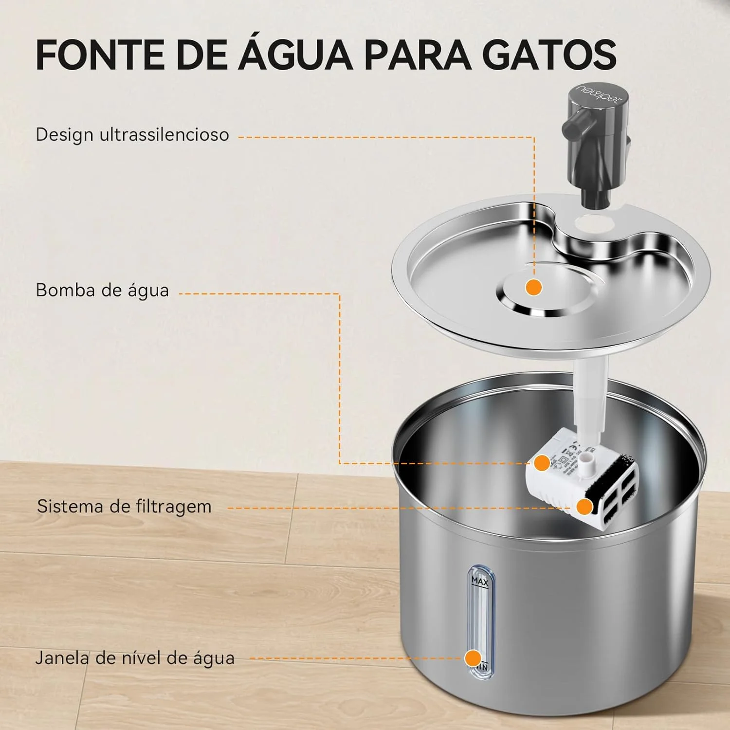 Bebedouro Fonte Agua Newpet Inoxidável Dispenser de 3L com Filtro Torneira e Indicador de Nível de Água Bomba Ultra Silenciosa Bivolt — Foto do produto