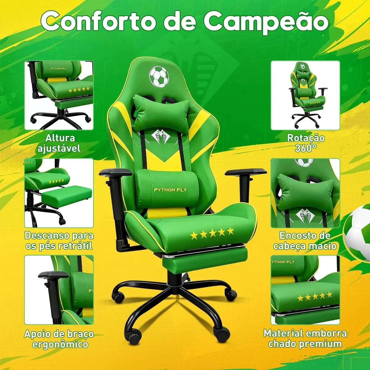 Cadeira gamer Python Fly Brasil verde e amarela com apoio de pés — Foto do produto
