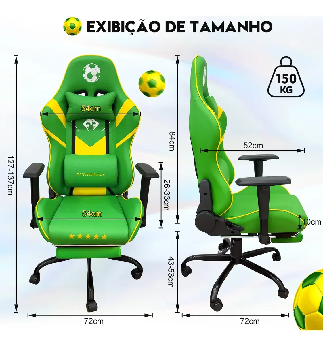 Cadeira gamer Python Fly Brasil verde e amarela com apoio de pés — Foto do produto