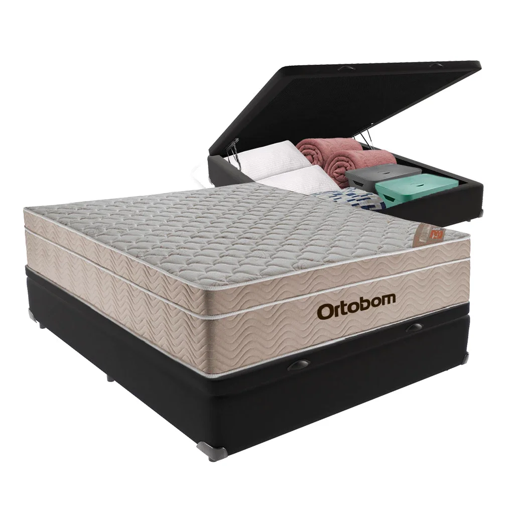 Cama box casal Ortobom Airtech Springpocket com baú e colchão — Foto do produto