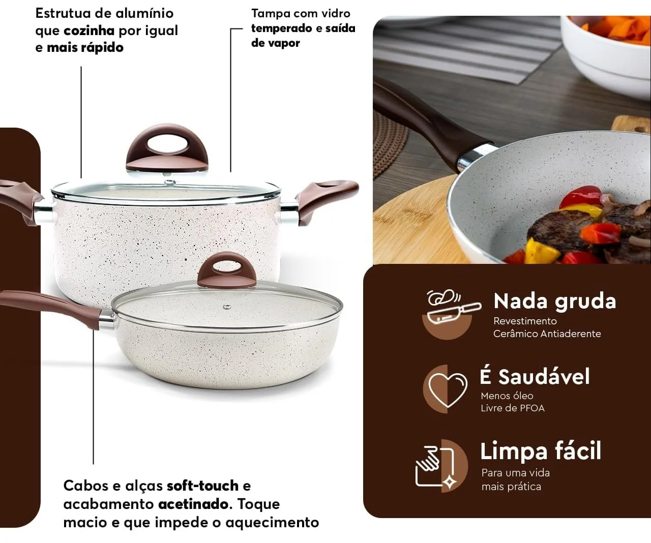 Jogo de Panelas 8 Peças Brinox Ceramic Life Antiaderente Smart Plus Vanilla — Panelas Brinox não Gruda é Saudável e Limpa Fácil