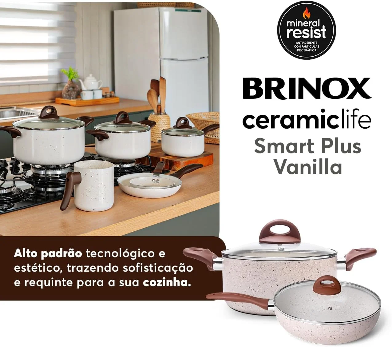 Jogo de Panelas 8 Peças Brinox Ceramic Life Antiaderente Smart Plus Vanilla — Conjunto Brinox Ceramic Life Smart Plus Vanilla