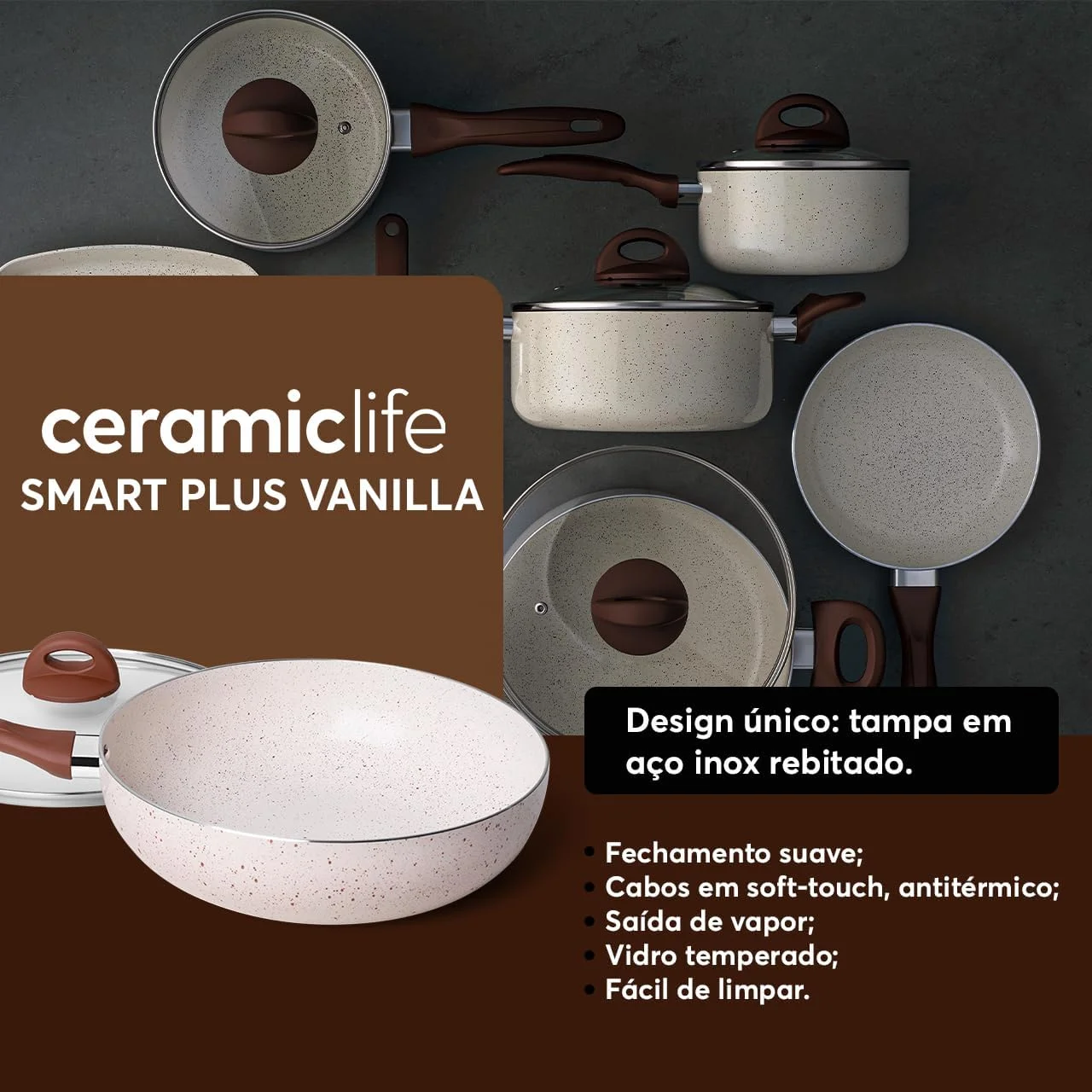 Jogo de Panelas 8 Peças Brinox Ceramic Life Antiaderente Smart Plus Vanilla — Jogo de Panelas Brinox Alto Padrão Tecnológico