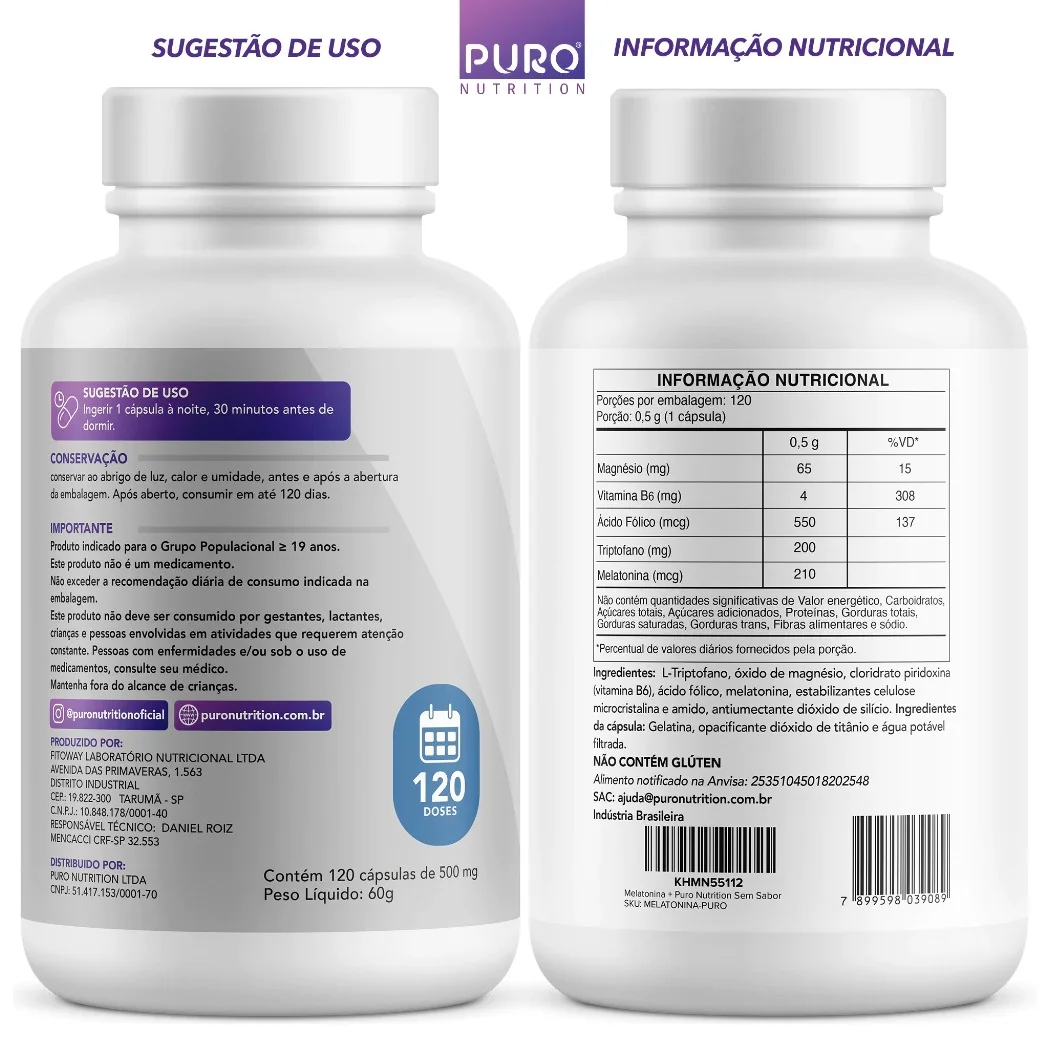 Melatonina Puro Nutrition 210 mcg com triptofano, 120 cápsulas — Foto do produto