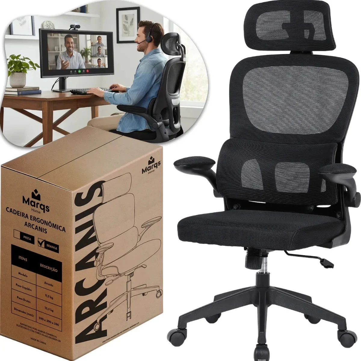 Cadeira Escritório Giratória Ergonômica Arcanis Com Suporte Apoio Lombar Tecido Mesh Premium Resistente Regulagem Ajuste De Altura