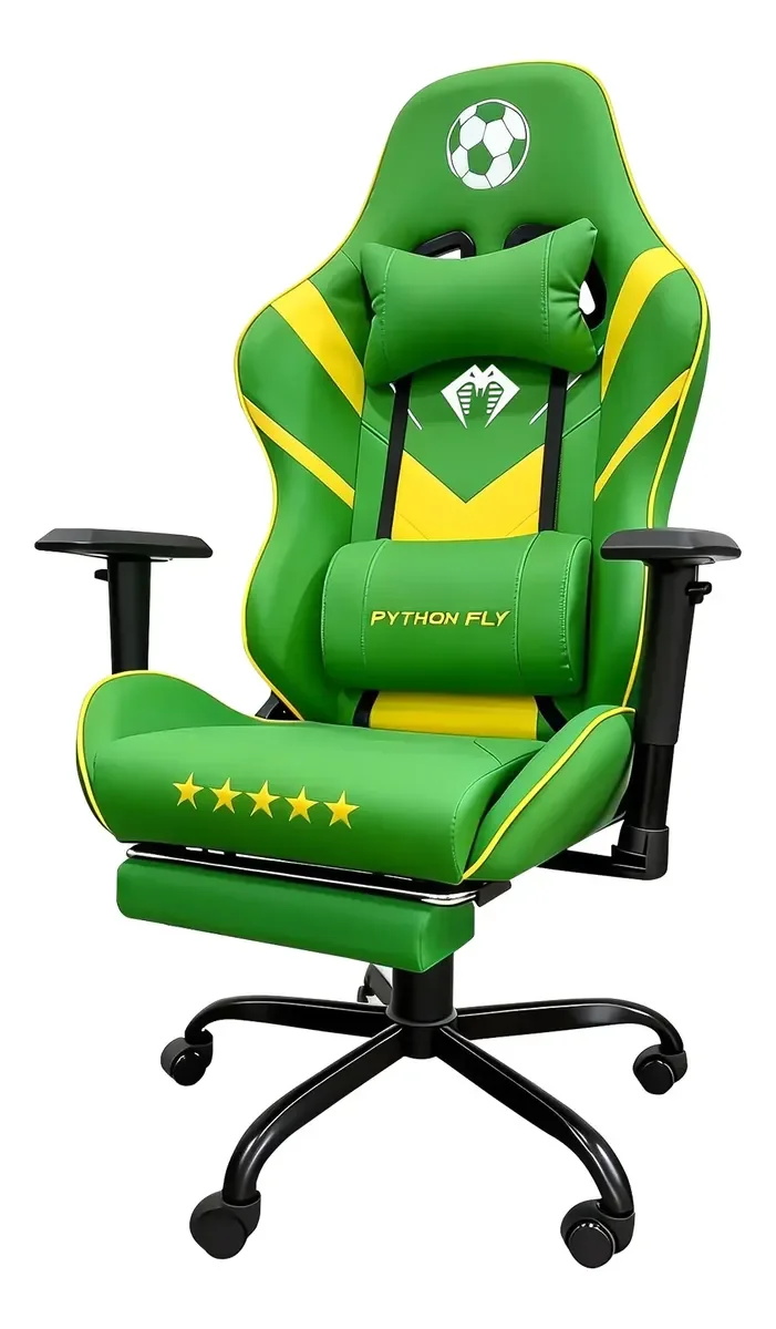 Cadeira gamer Python Fly Brasil verde e amarela com apoio de pés