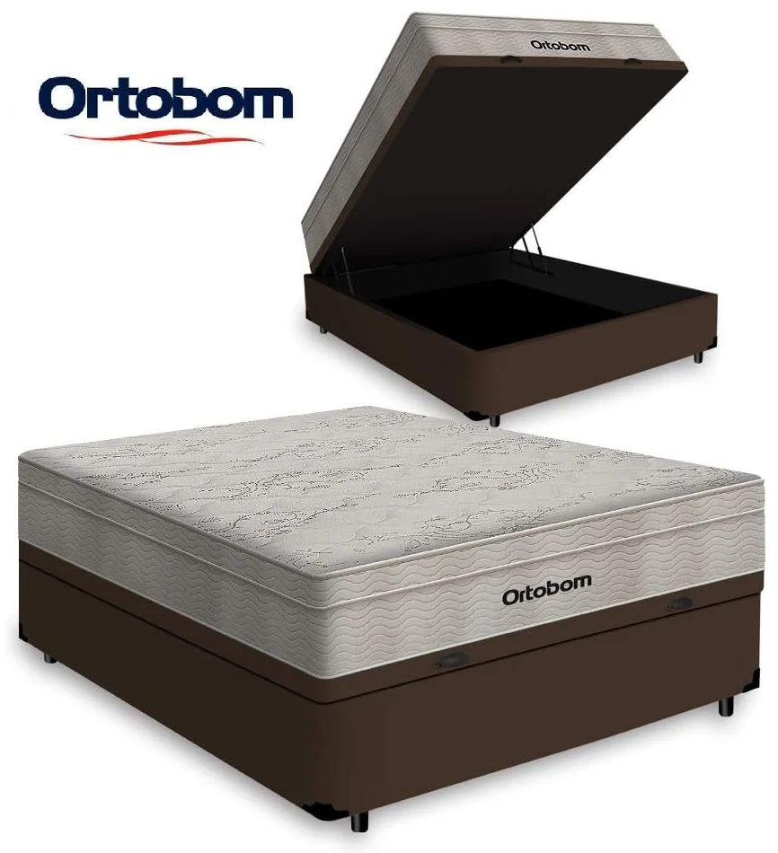 Cama box casal Ortobom Airtech Springpocket com baú e colchão