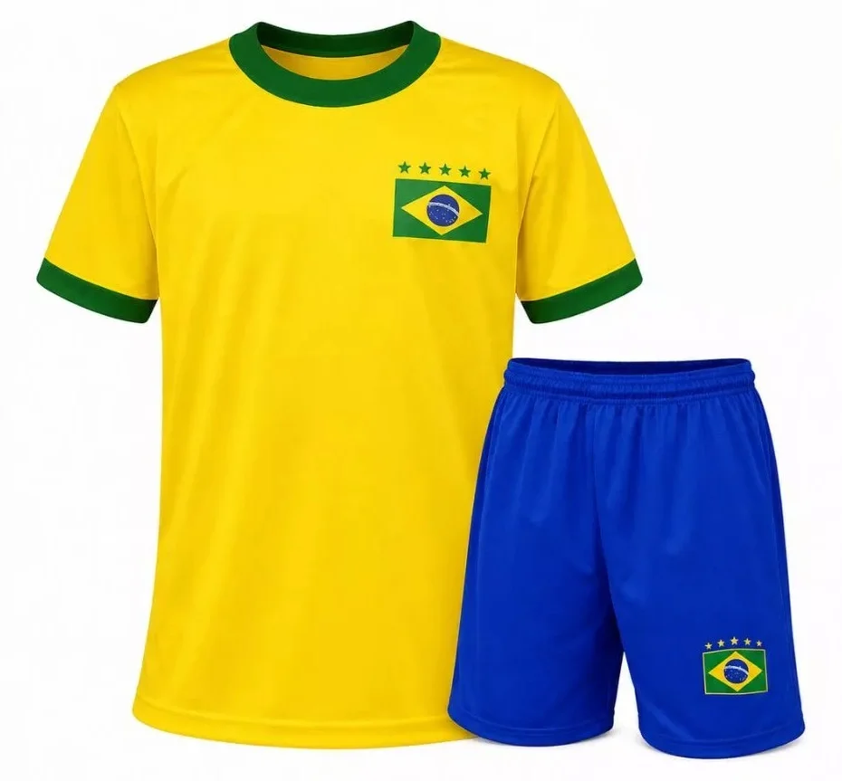 Conjunto Infantil Brasil Camiseta Amarela e Shorts Azul Unissex