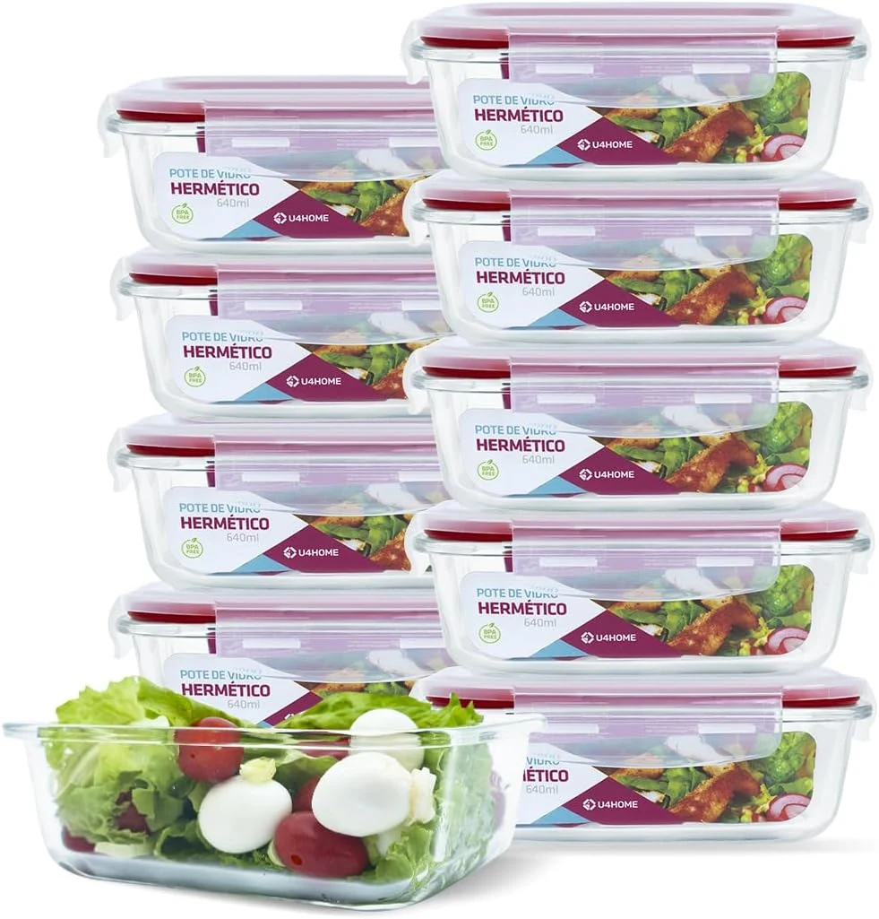 KIT 10 Potes de Vidro Retangular com Tampa Hermética 640ml