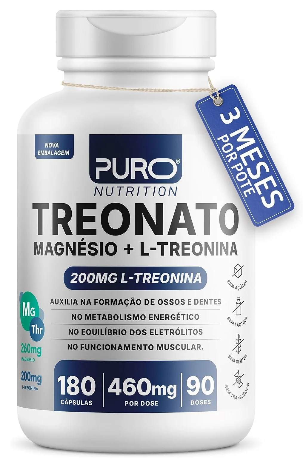 Magnésio bisglicinato com L-treonina Puro Nutrition 180 cápsulas