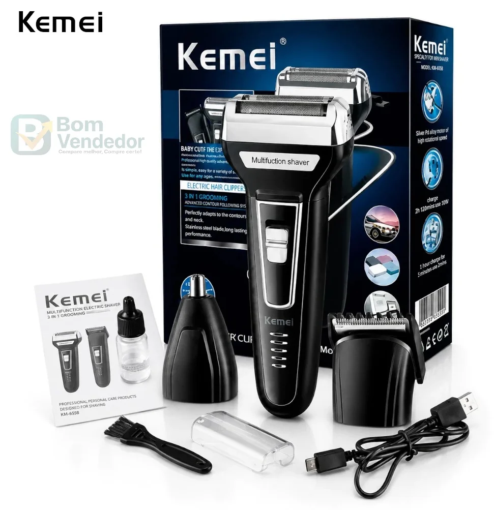 Máquina de cortar cabelo e barbeador Kemei KM-6558 3 em 1 recarregável