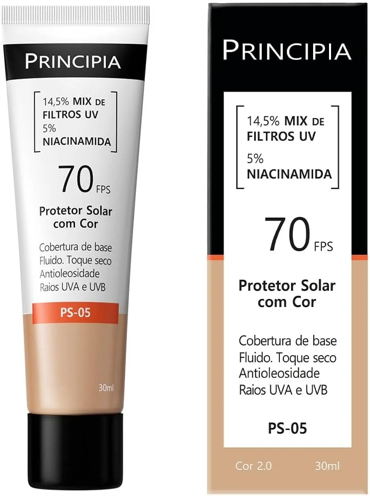 Protetor Solar Facial com cor 14,5% Mix de Filtros UV + 5% Niacinamida FPS 70 PS-05 Cor 2.0 com 30ml