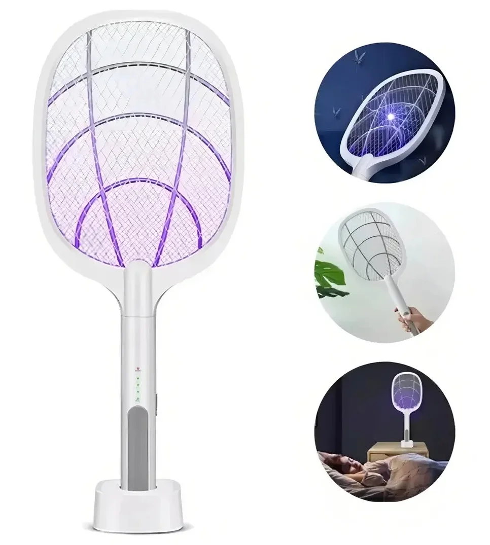 Raquete elétrica mata-mosquitos USB com luz UV e base
