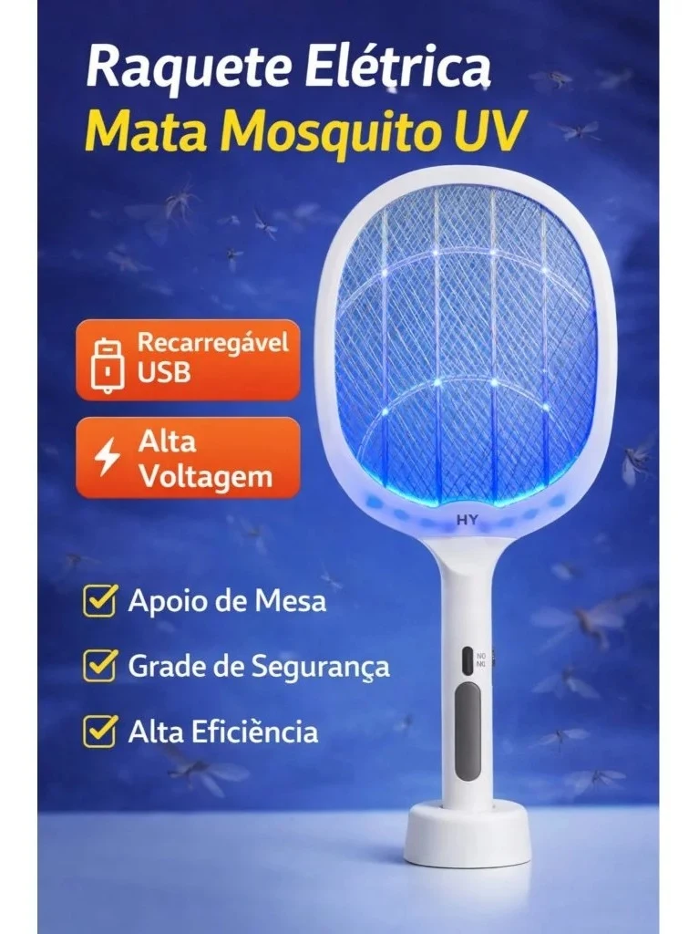 Raquete Elétrica Recarregável Mata Mosquistos Pernilongos com Iluminação Luz UV Atrai Insetos