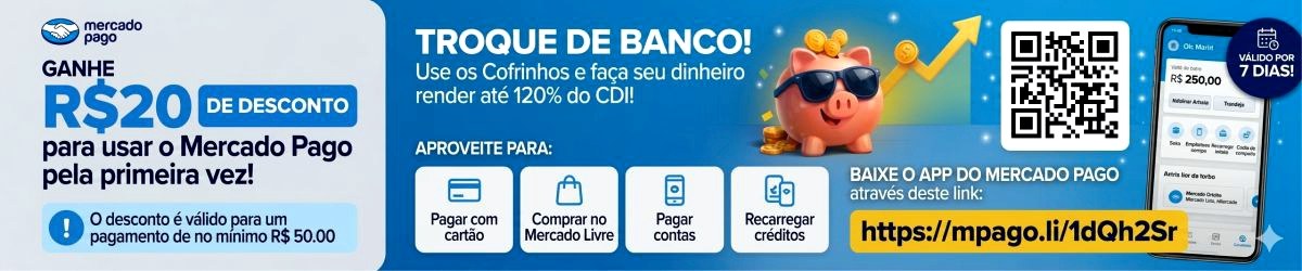 Aplicativo Mercado Pago - Troque de banco e use Cofrinhos para fazer seu dinheiro render até 120% do CDI
