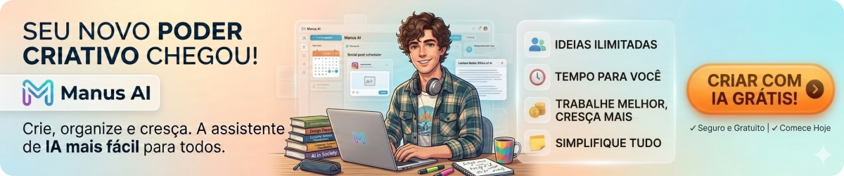 Banner publicitário horizontal da Manus AI em formato digital. Ao centro, um jovem estudante sorridente de cabelos cacheados usa fones de ouvido e digita em um notebook em sua mesa